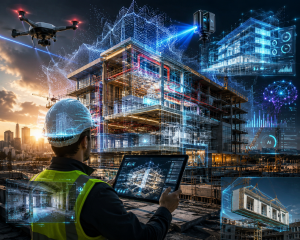 Ingeniero de edificación en una obra con dron, tablet y capas holográficas de BIM, escaneado láser, gemelo digital e inteligencia artificial