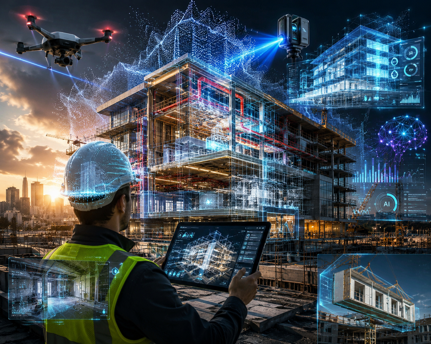 Ingeniero de edificación en una obra con dron, tablet y capas holográficas de BIM, escaneado láser, gemelo digital e inteligencia artificial
