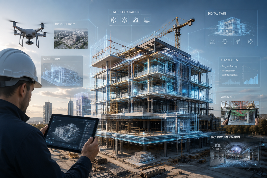 Técnico de edificación en una obra moderna con tablet y modelo BIM superpuesto, rodeado de escaneo láser, gemelo digital, realidad aumentada y análisis de datos