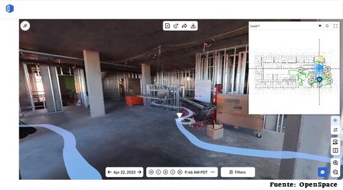 Vista de cámara 360º de obra con fecha, hora y recorrido registrado en plano