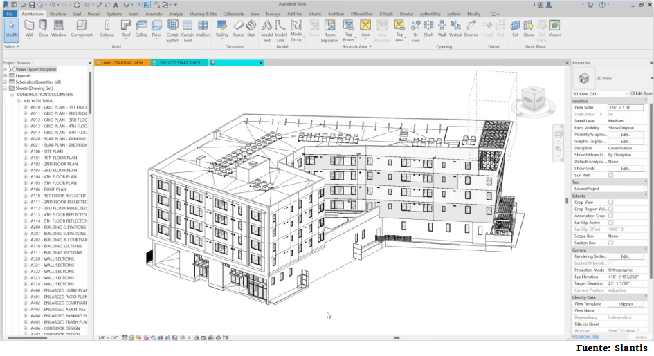 Modelo de edificio en Revit con capas, propiedades y parámetros BIM