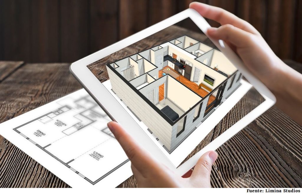 Tablet mostrando planos de un edificio en 3D y realidad virtual sobre unos planos técnicos