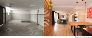 Antes y después de un local comercial transformado en vivienda mediante un cambio de uso